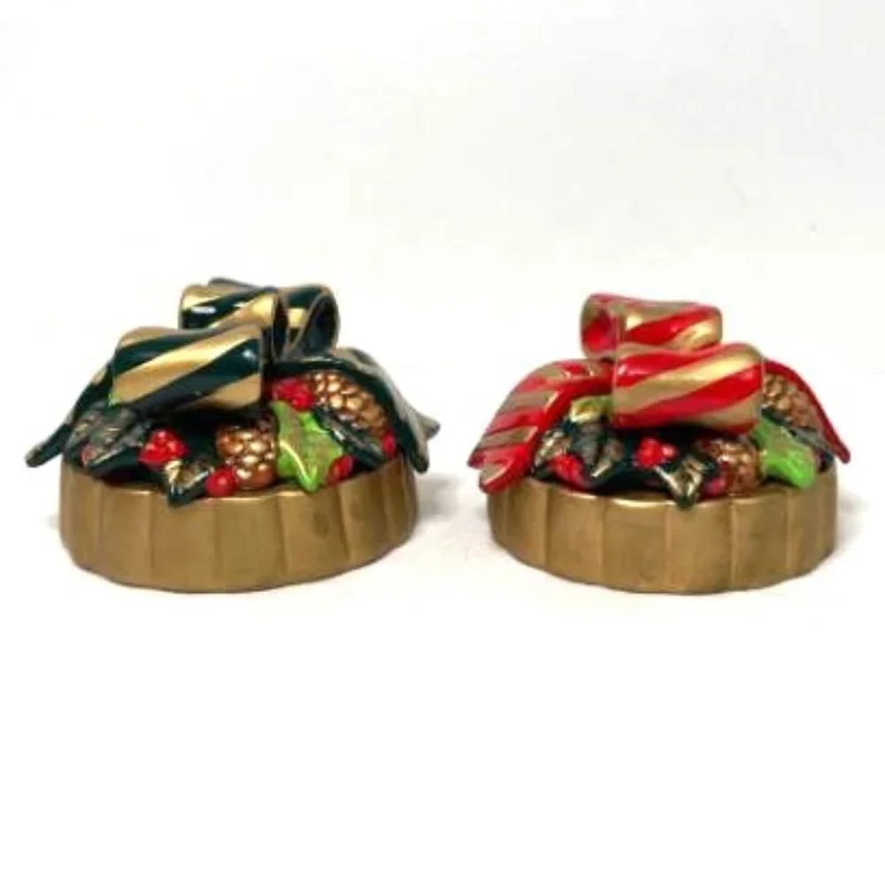 Empire Candle Ceramic Jar Toppers Lot of 2‎ Christmas Green & Red Holiday Decor